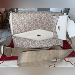 DKNY Beige & White Logo Crossbody with Wide Strap